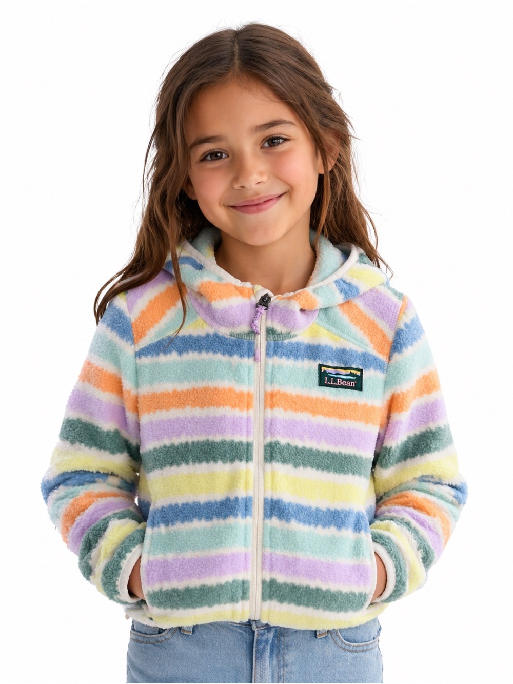 LL Bean Kids Fleece Full Zip Hoodie Sz Small 8 Multicolor Pastel Stripe Rainbow
